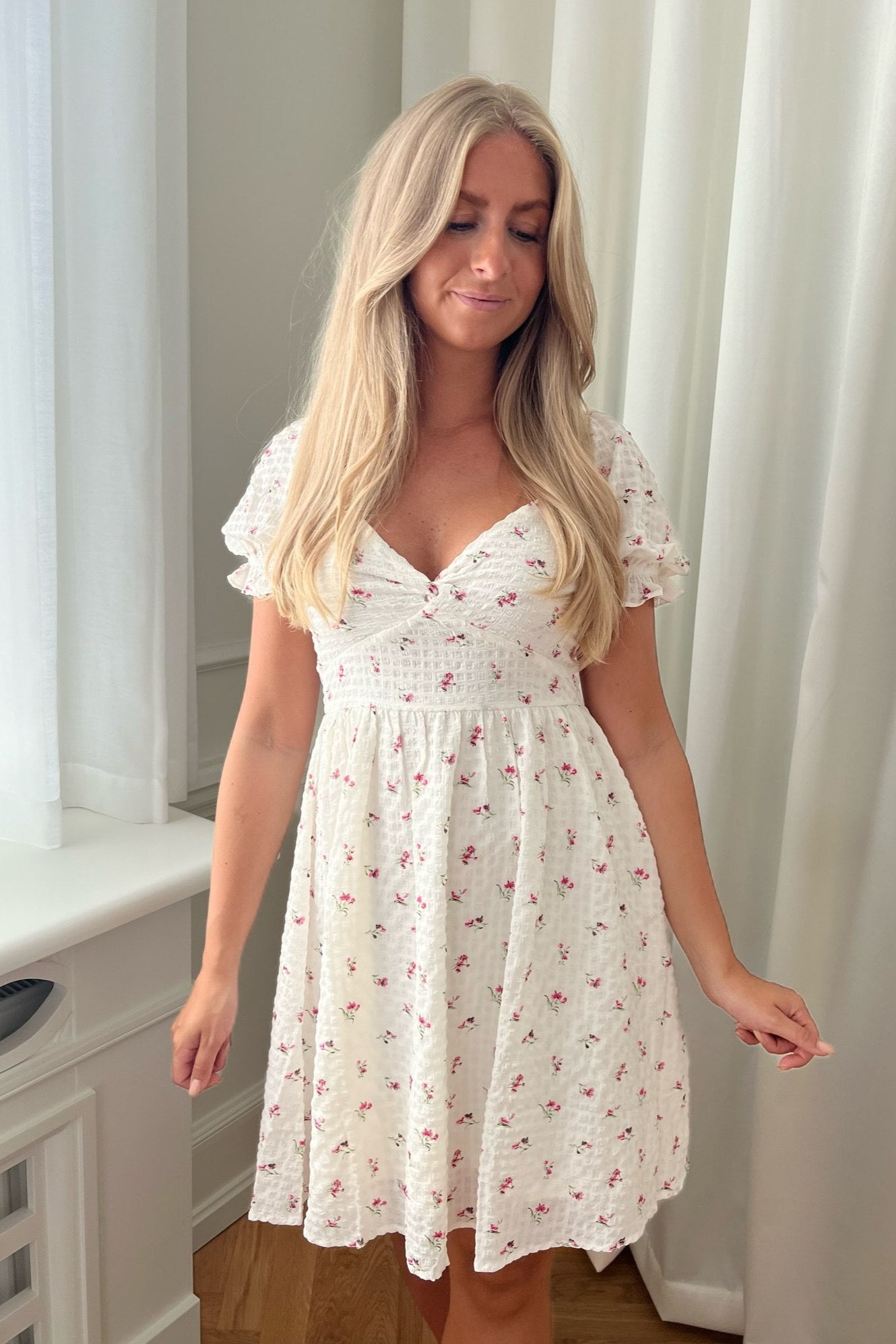 white dress with pink flowers short Strapless Short Cut-Out Homecoming Dress with Print Ivory/Bright Pink/Print / 6