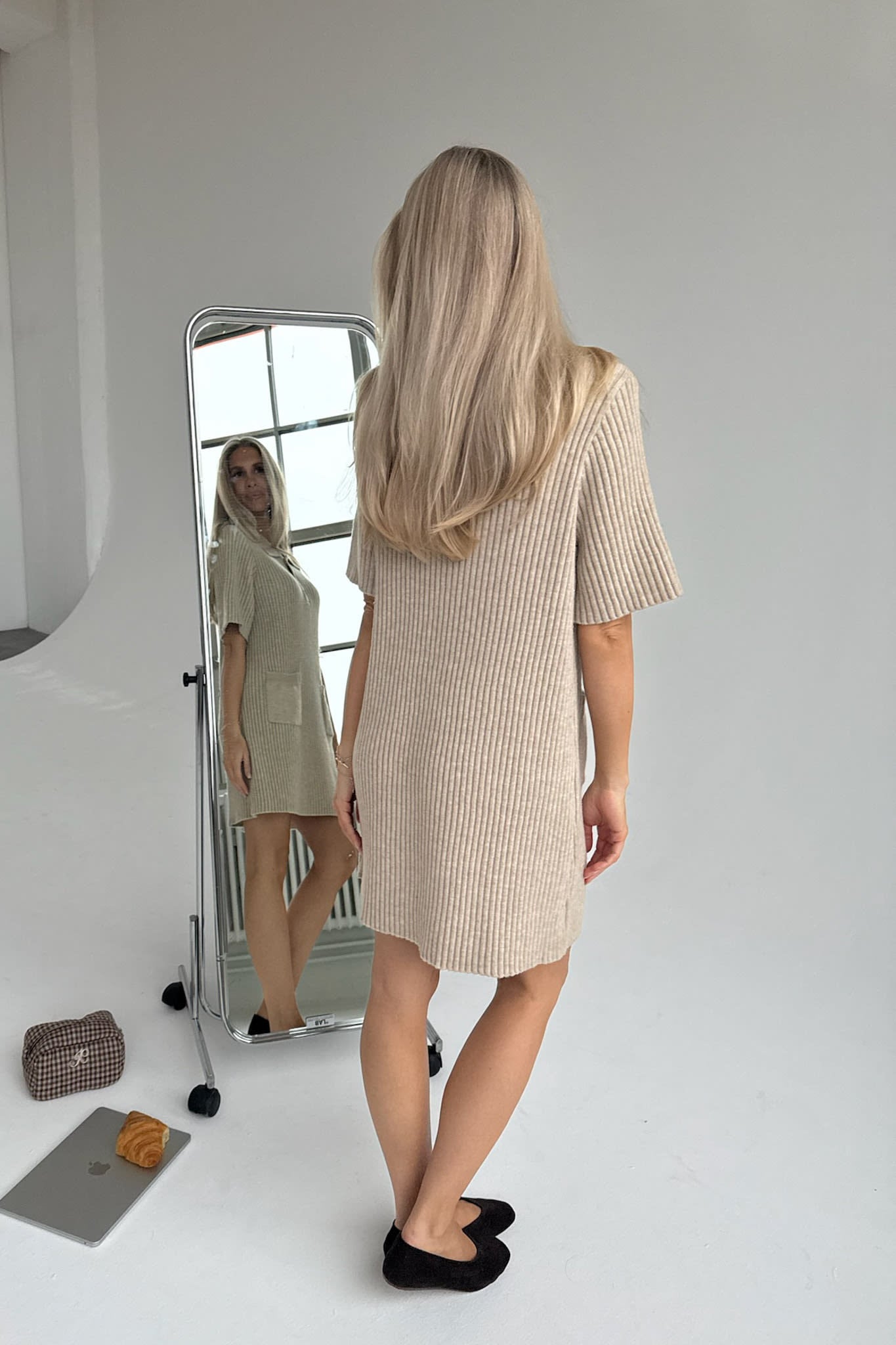 beige ribbed knit dress Ribbed Knit Dress in Nude Nude / L
