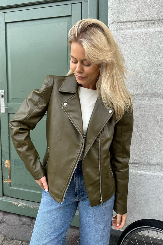 ONLJacky Faux Leather Biker - Dark Olive
