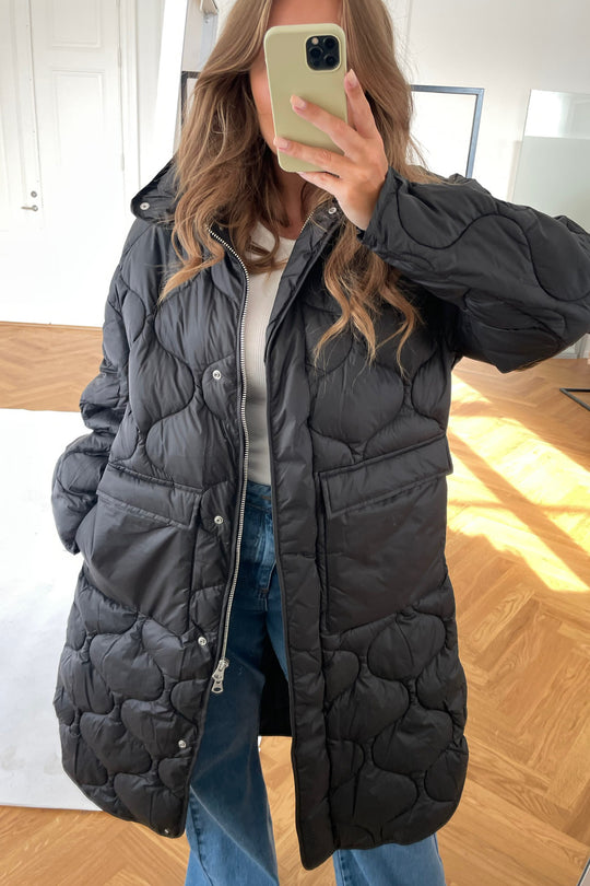JXLenora Shiny Quilted Coat - Black