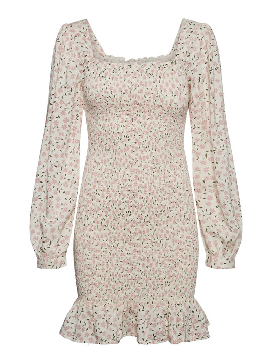 NMTone LS Square Neck Smock Dress - Eggnog Pink Flowers