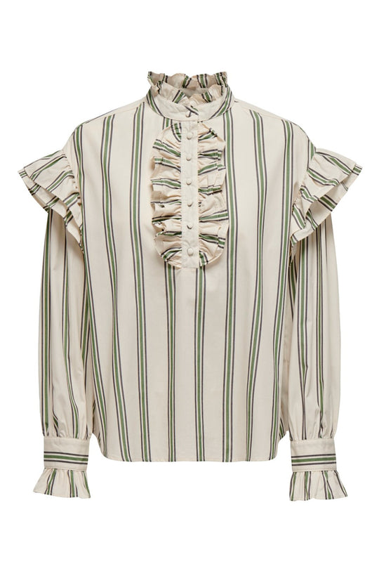 ONLMalou LS Frill Stripe Top - Bone White Green Black