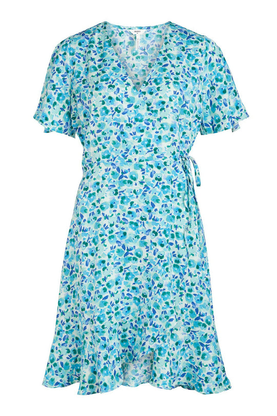 OBJPapaya SS Wrap Ruffle Dress - Cloud Dancer Blue Floral